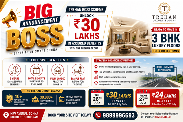 Trehan BOSS Scheme: Special benefits worth up to  ₹ 30 lakh with luxury 3 BHK floors in Sohna's Sector 35